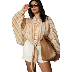 Anthropologie Tie Front Blouse Neutral Motif Batwing Sleeve Oversized Top Size S